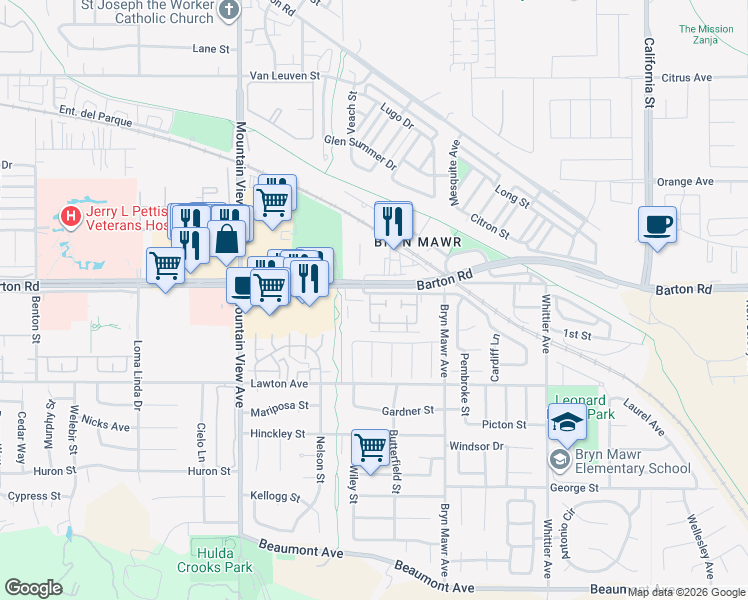 map of restaurants, bars, coffee shops, grocery stores, and more near 25972 Barton Road in Loma Linda