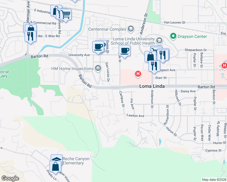 map of restaurants, bars, coffee shops, grocery stores, and more near 11301 San Juan Street in Loma Linda