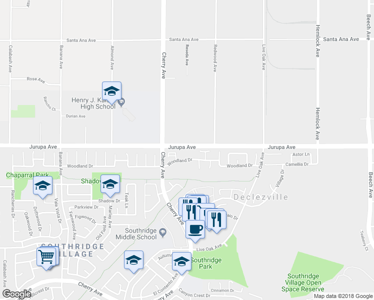 map of restaurants, bars, coffee shops, grocery stores, and more near 14560 Woodland Drive in Fontana