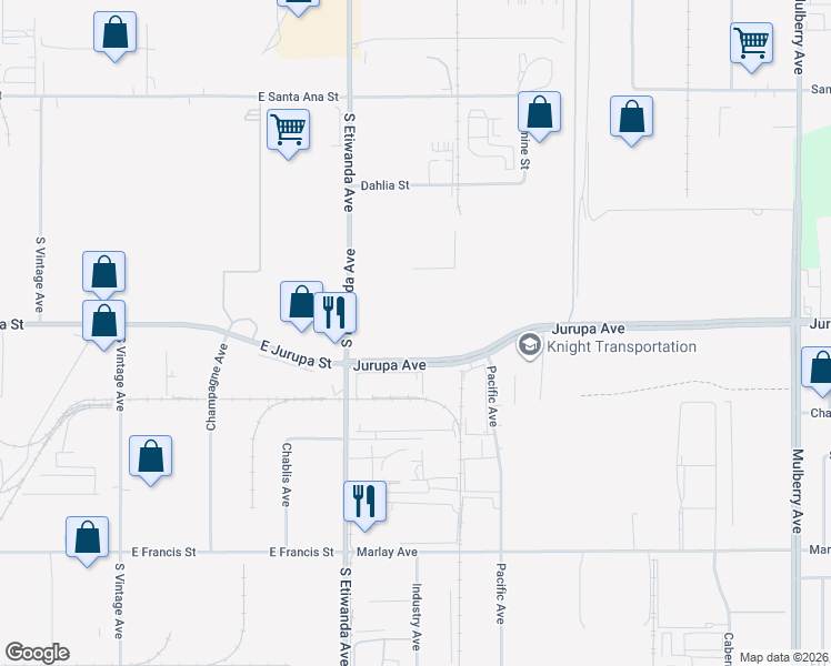 map of restaurants, bars, coffee shops, grocery stores, and more near 13120 Jurupa Avenue in Fontana