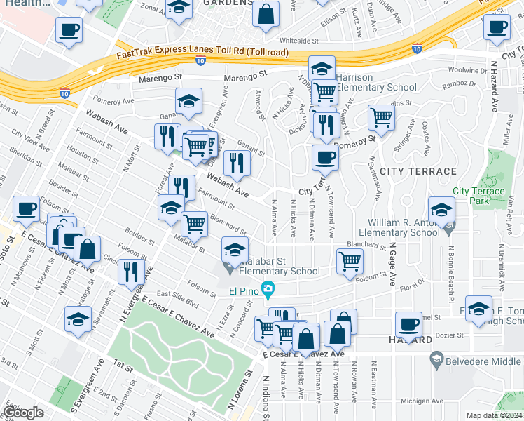map of restaurants, bars, coffee shops, grocery stores, and more near 3200 City Terrace Drive in Los Angeles