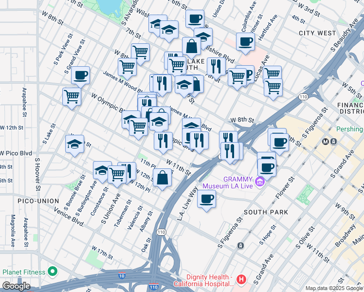 map of restaurants, bars, coffee shops, grocery stores, and more near 1441 West Olympic Boulevard in Los Angeles