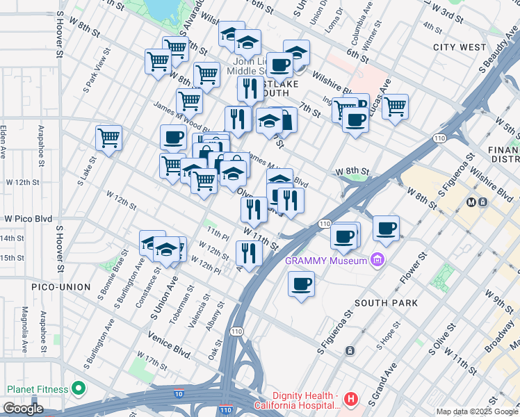 map of restaurants, bars, coffee shops, grocery stores, and more near 1441 West Olympic Boulevard in Los Angeles