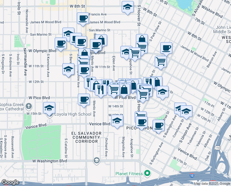 map of restaurants, bars, coffee shops, grocery stores, and more near 1223 Magnolia Avenue in Los Angeles