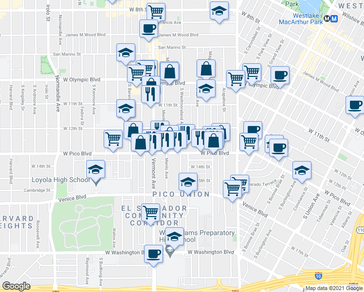 map of restaurants, bars, coffee shops, grocery stores, and more near 1220 South Westmoreland Avenue in Los Angeles