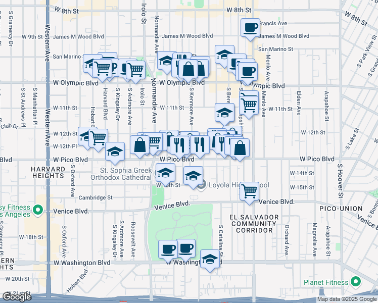 map of restaurants, bars, coffee shops, grocery stores, and more near 1220 Fedora Street in Los Angeles