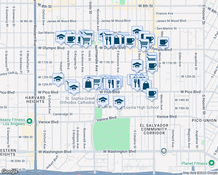 map of restaurants, bars, coffee shops, grocery stores, and more near 1220 Fedora Street in Los Angeles