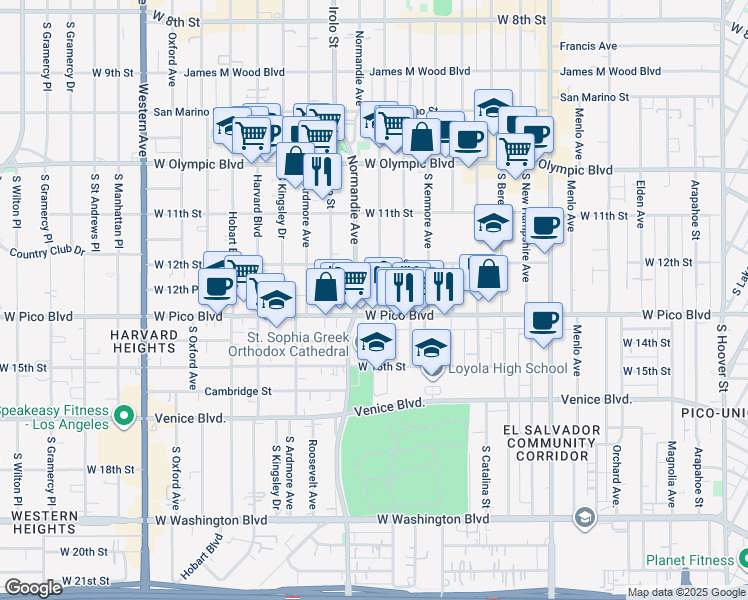 map of restaurants, bars, coffee shops, grocery stores, and more near 1223 South Mariposa Avenue in Los Angeles