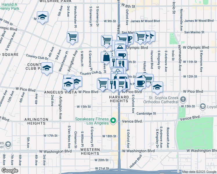 map of restaurants, bars, coffee shops, grocery stores, and more near 1226 South Saint Andrews Place in Los Angeles