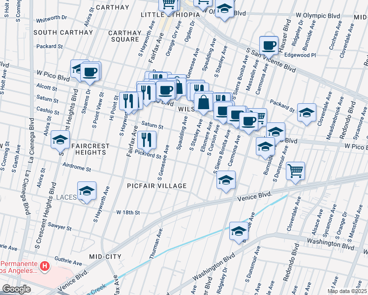 map of restaurants, bars, coffee shops, grocery stores, and more near 1515 South Spaulding Avenue in Los Angeles