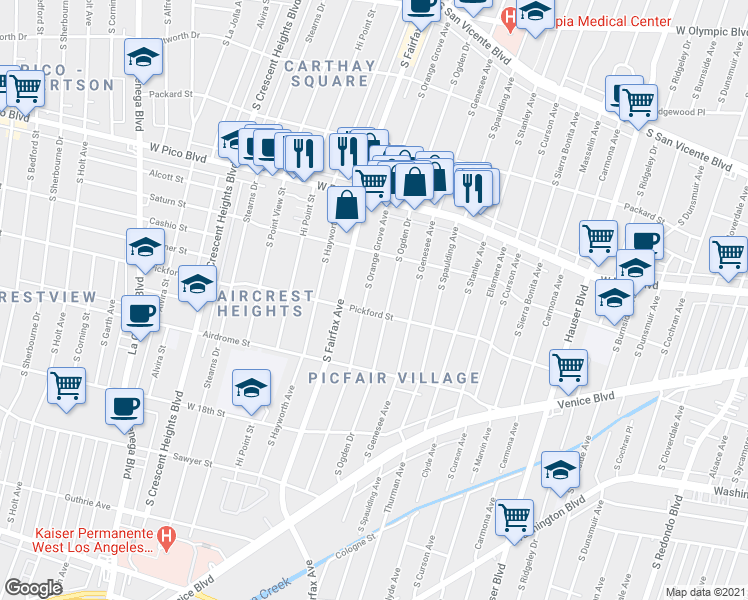 map of restaurants, bars, coffee shops, grocery stores, and more near 1537 South Orange Grove Avenue in Los Angeles