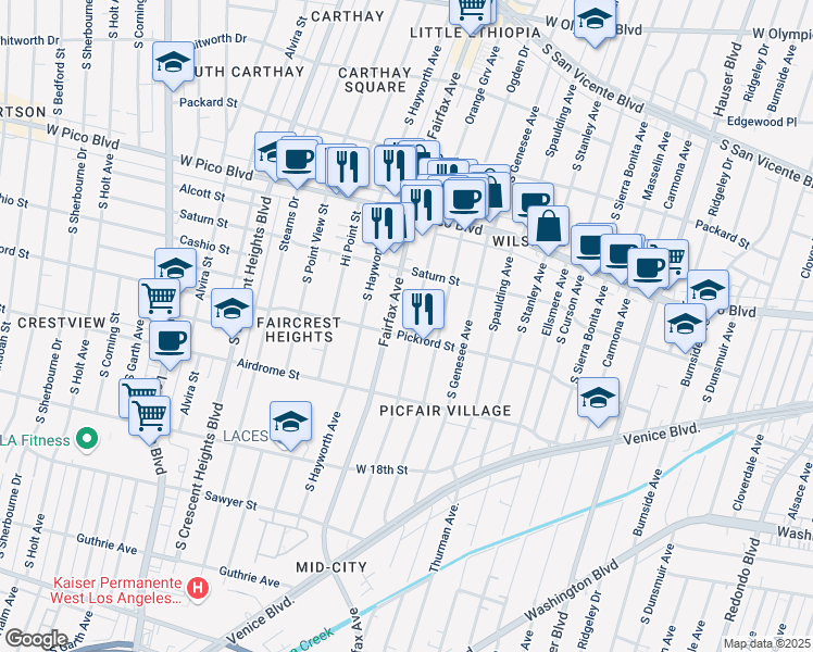 map of restaurants, bars, coffee shops, grocery stores, and more near 1537 South Orange Grove Avenue in Los Angeles