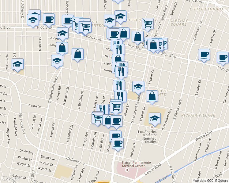 map of restaurants, bars, coffee shops, grocery stores, and more near 1620 South Garth Avenue in Los Angeles