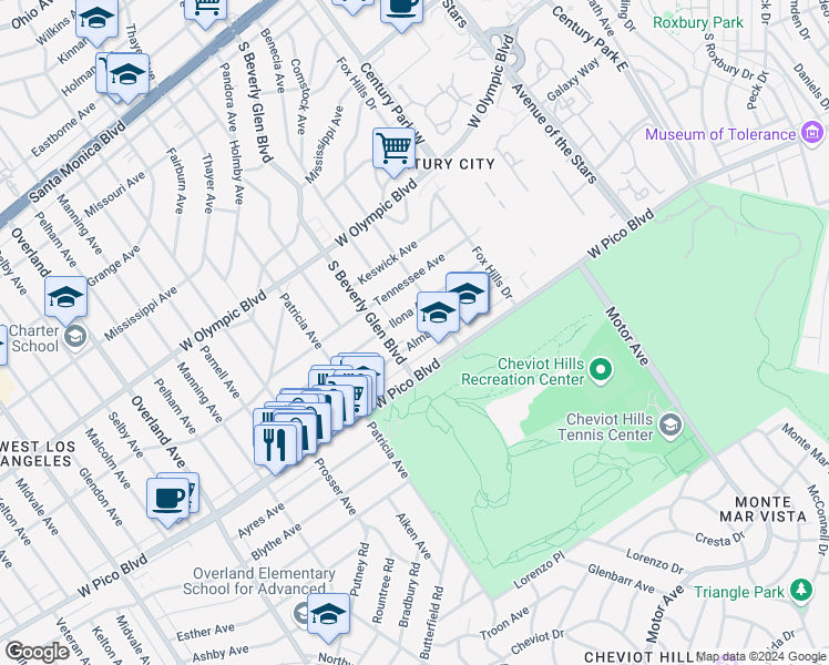 map of restaurants, bars, coffee shops, grocery stores, and more near 10381 Ilona Avenue in Los Angeles
