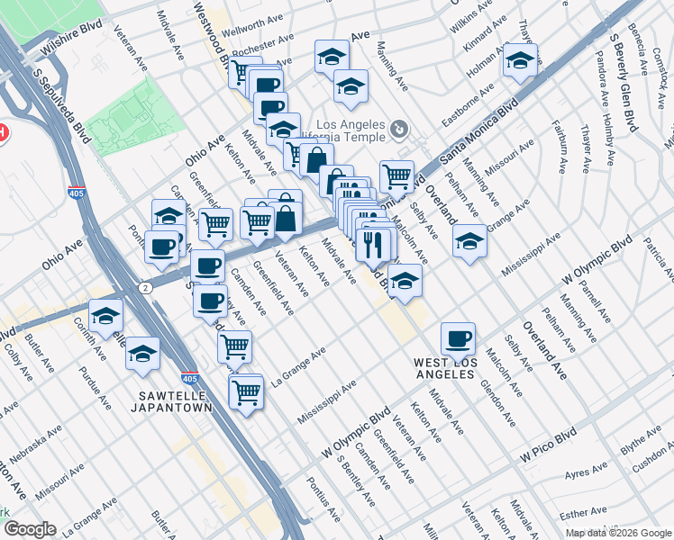 map of restaurants, bars, coffee shops, grocery stores, and more near 1844 Midvale Avenue in Los Angeles