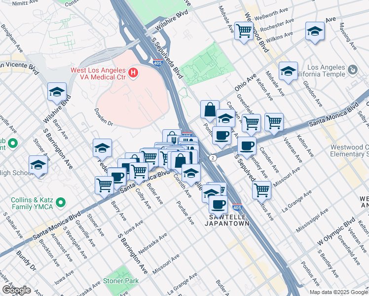 map of restaurants, bars, coffee shops, grocery stores, and more near 1511 Beloit Avenue in Los Angeles