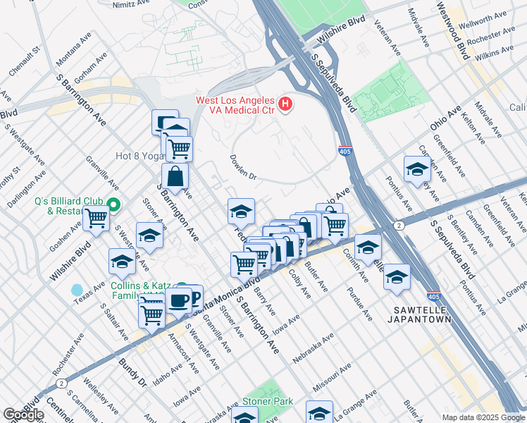 map of restaurants, bars, coffee shops, grocery stores, and more near 11511 Rochester Avenue in Los Angeles