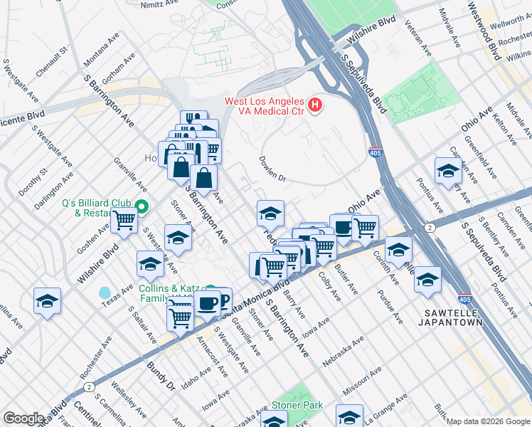 map of restaurants, bars, coffee shops, grocery stores, and more near 1300 Federal Avenue in Los Angeles