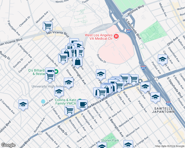 map of restaurants, bars, coffee shops, grocery stores, and more near 1300 Federal Avenue in Los Angeles