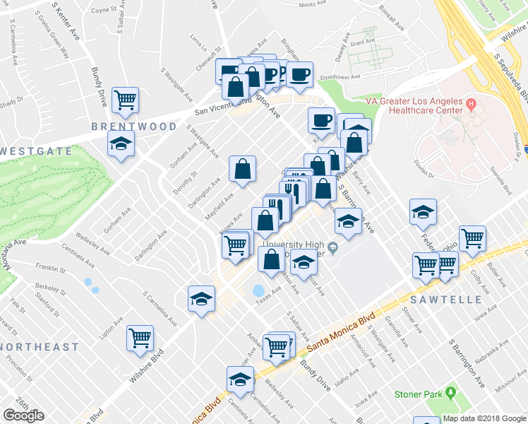map of restaurants, bars, coffee shops, grocery stores, and more near 11848 Kiowa Avenue in Los Angeles