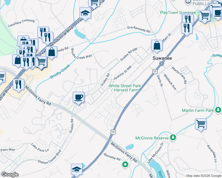 map of restaurants, bars, coffee shops, grocery stores, and more near 3900 Baluster Court in Suwanee