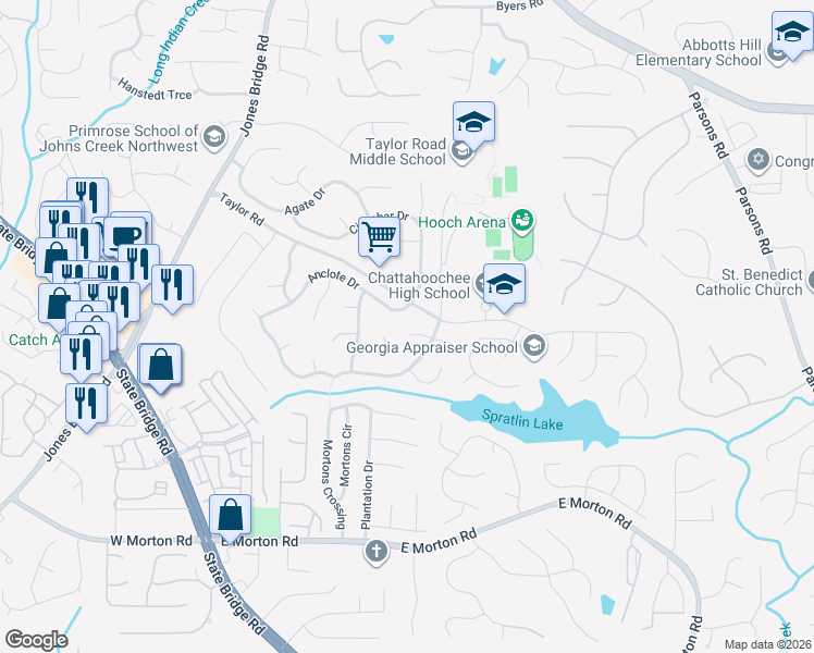 map of restaurants, bars, coffee shops, grocery stores, and more near 335 West Taylors Crossing in Alpharetta