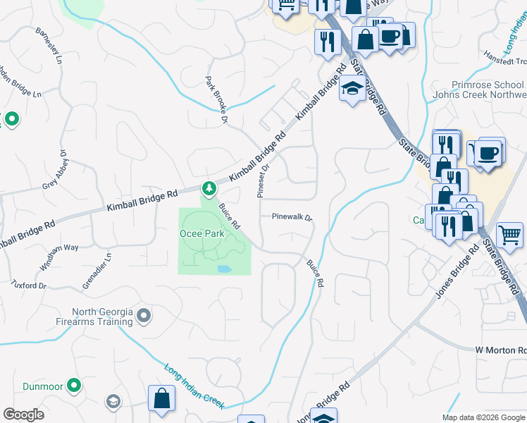 map of restaurants, bars, coffee shops, grocery stores, and more near 4140 Pineset Drive in Alpharetta