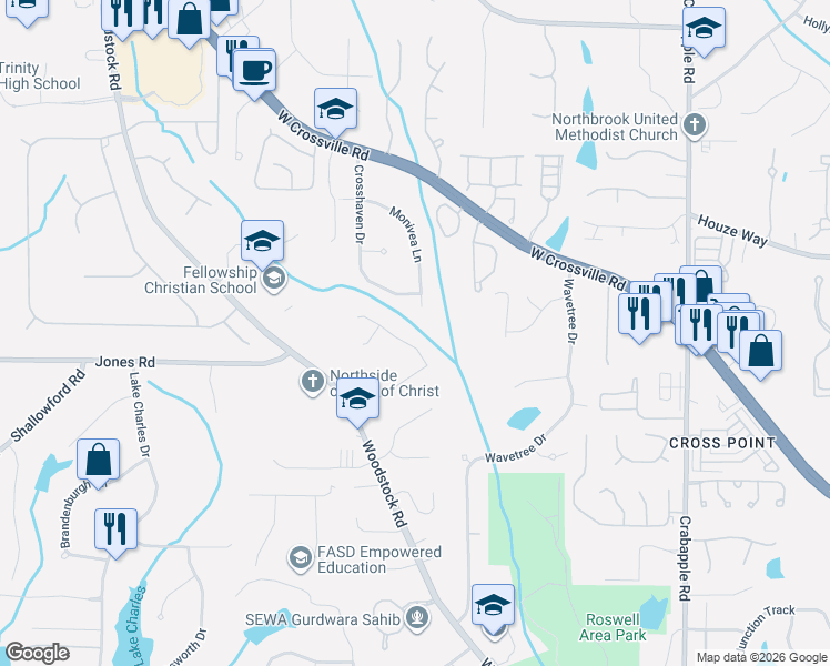 map of restaurants, bars, coffee shops, grocery stores, and more near 11120 Crosshaven Drive in Roswell