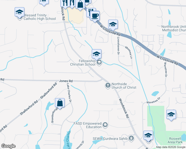 map of restaurants, bars, coffee shops, grocery stores, and more near 815 Trakehner Tarn in Roswell