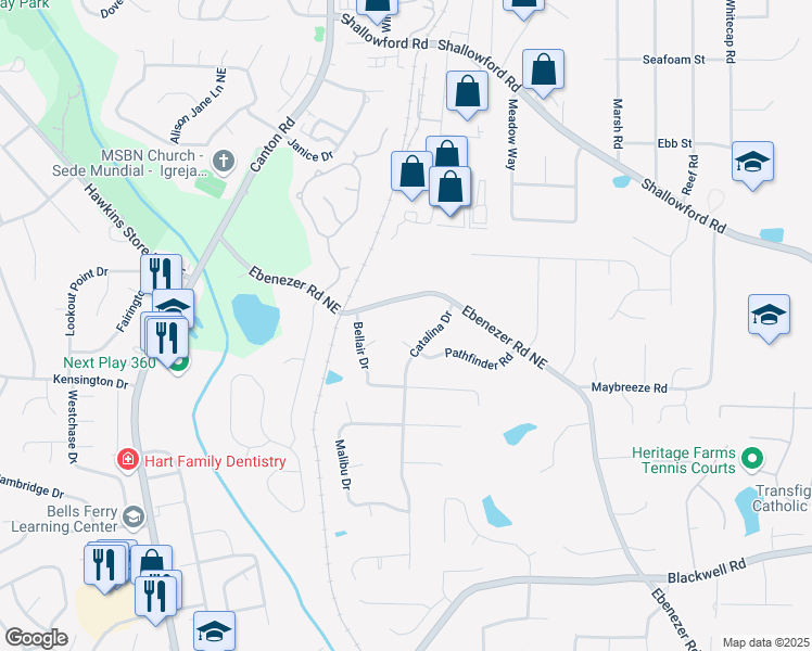map of restaurants, bars, coffee shops, grocery stores, and more near 1061 Pathfinder Road in Marietta