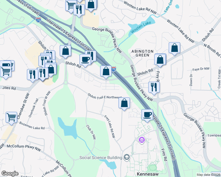 map of restaurants, bars, coffee shops, grocery stores, and more near 1275 Shiloh Road in Kennesaw