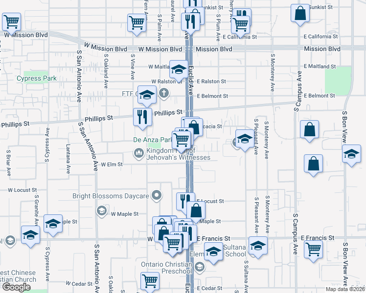 map of restaurants, bars, coffee shops, grocery stores, and more near 1420 South Euclid Avenue in Ontario