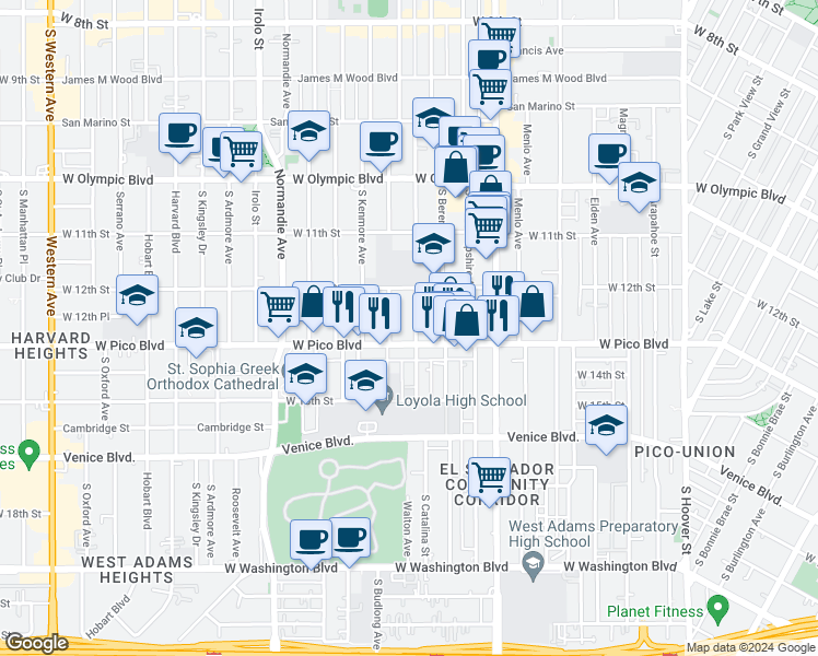 map of restaurants, bars, coffee shops, grocery stores, and more near 1243 South Catalina Street in Los Angeles