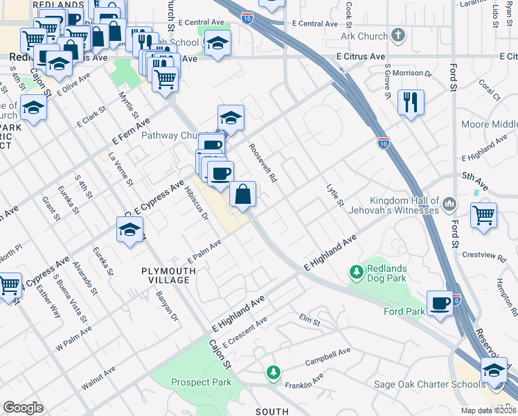 map of restaurants, bars, coffee shops, grocery stores, and more near 609 East Palm Avenue in Redlands
