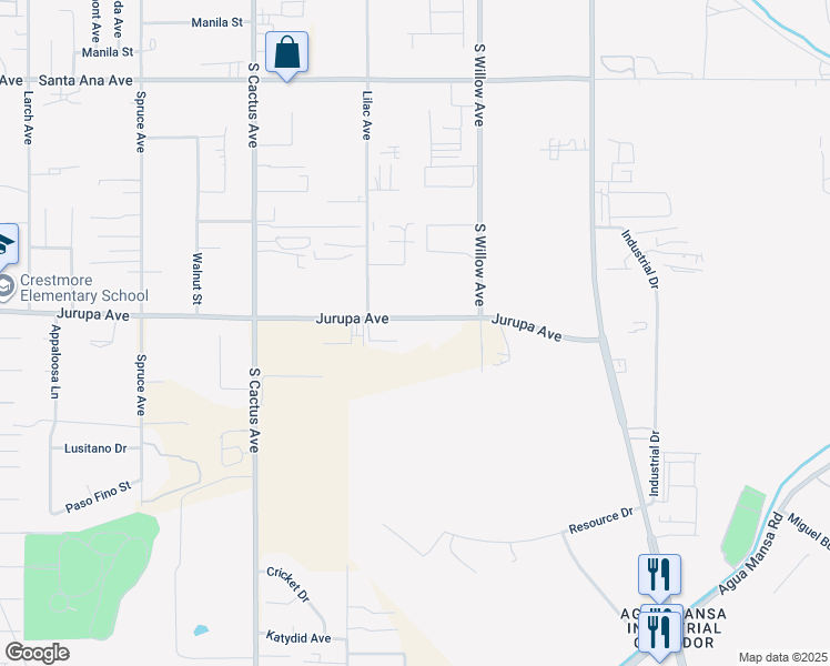 map of restaurants, bars, coffee shops, grocery stores, and more near 19585 Jurupa Avenue in Bloomington
