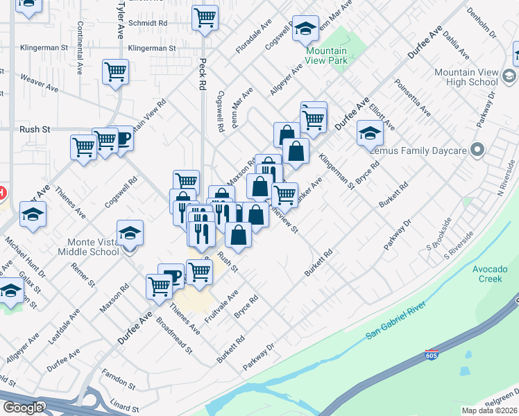 map of restaurants, bars, coffee shops, grocery stores, and more near 2160 Durfee Avenue in El Monte