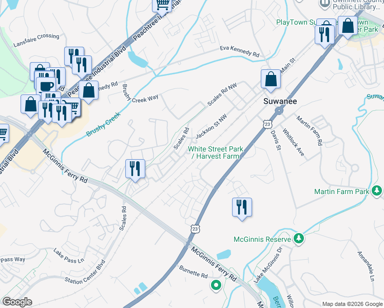 map of restaurants, bars, coffee shops, grocery stores, and more near 3900 Baluster Court in Suwanee