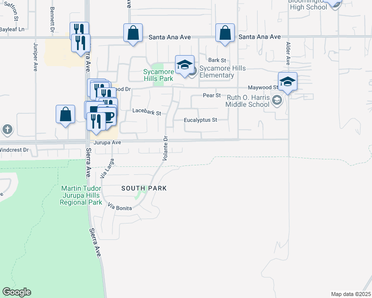 map of restaurants, bars, coffee shops, grocery stores, and more near 11326 La Mancha Court in Fontana