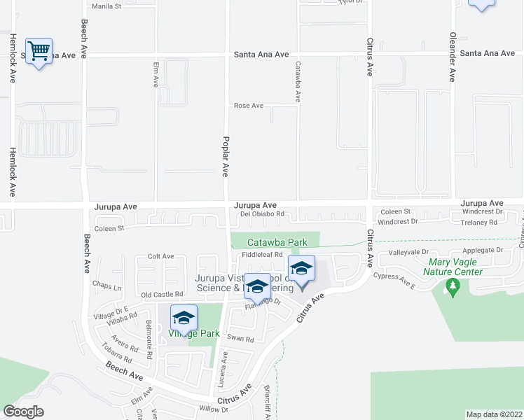 map of restaurants, bars, coffee shops, grocery stores, and more near 15798 Del Obisbo Road in Fontana