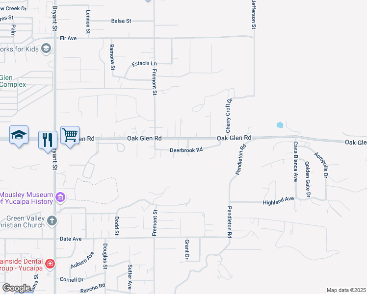 map of restaurants, bars, coffee shops, grocery stores, and more near 11336 Oak Hill Lane in Yucaipa