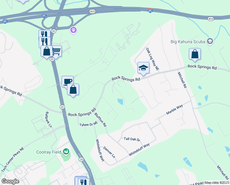 map of restaurants, bars, coffee shops, grocery stores, and more near 1405 Rock Springs Road in Buford