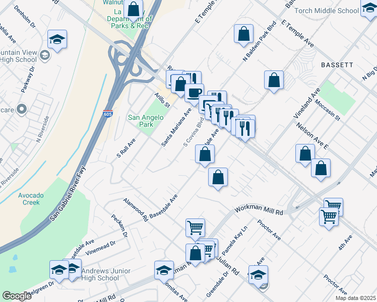 map of restaurants, bars, coffee shops, grocery stores, and more near 234 South Covina Boulevard in La Puente