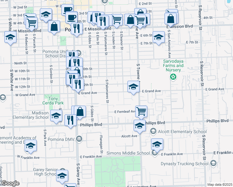 map of restaurants, bars, coffee shops, grocery stores, and more near 626 East Grand Avenue in Pomona