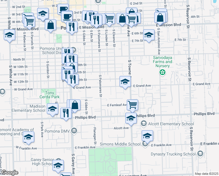 map of restaurants, bars, coffee shops, grocery stores, and more near 628 East Grand Avenue in Pomona