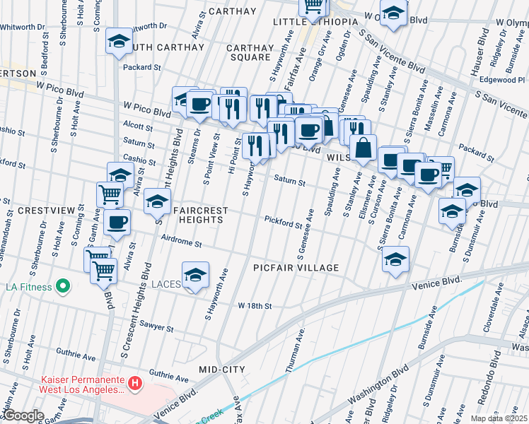 map of restaurants, bars, coffee shops, grocery stores, and more near 1562 South Fairfax Avenue in Los Angeles