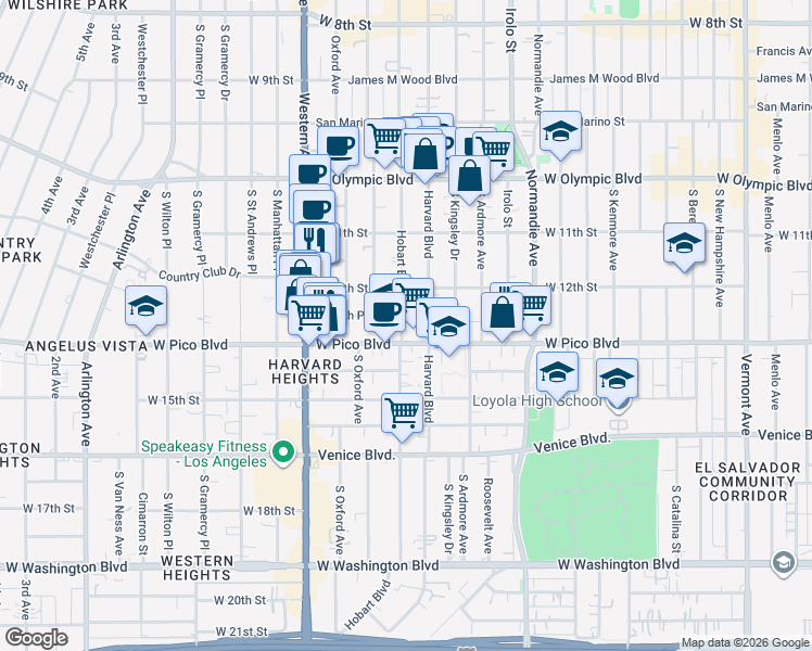 map of restaurants, bars, coffee shops, grocery stores, and more near 1214 South Hobart Boulevard in Los Angeles