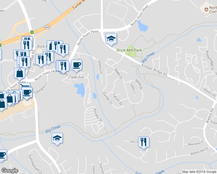 map of restaurants, bars, coffee shops, grocery stores, and more near 980 Gunter Court in Alpharetta