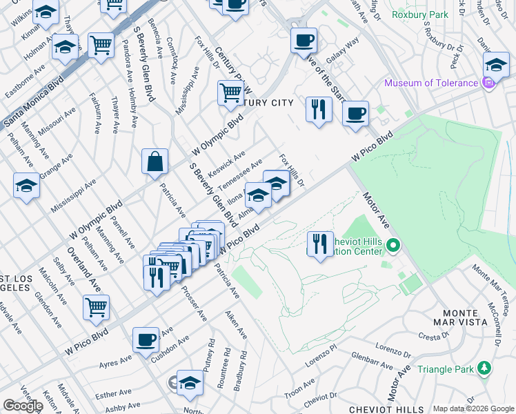 map of restaurants, bars, coffee shops, grocery stores, and more near 10364 Almayo Avenue in Los Angeles