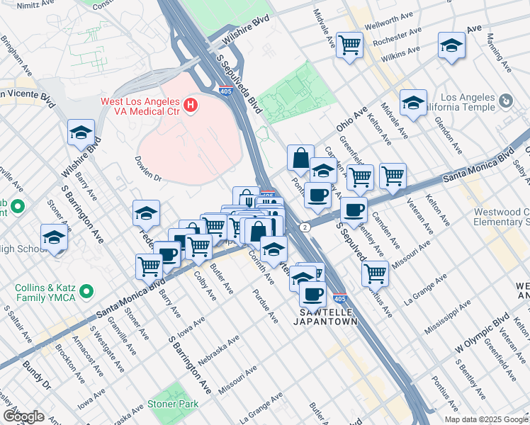map of restaurants, bars, coffee shops, grocery stores, and more near 1539 Beloit Avenue in Los Angeles