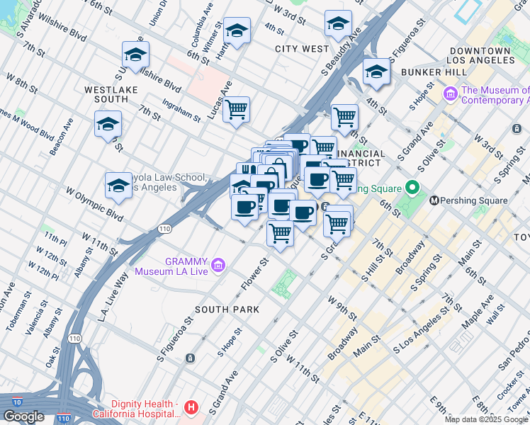 map of restaurants, bars, coffee shops, grocery stores, and more near 801 South Figueroa Street in Los Angeles